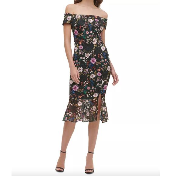 GUESS Off-The-Shoulder Lace Floral Midi Dress Size 4 - Picture 1 of 7